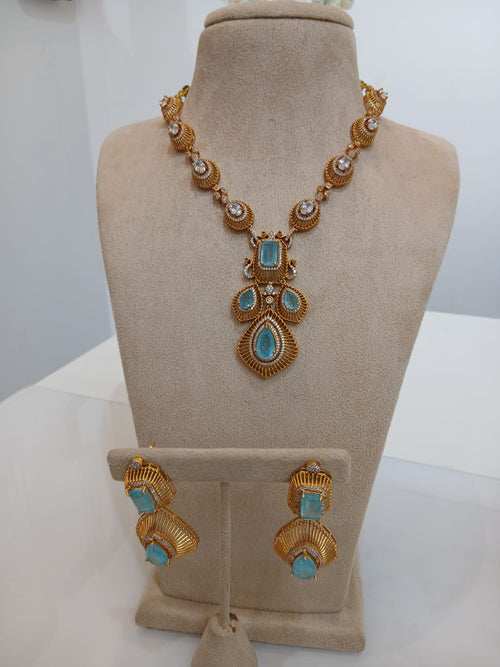 Aqua Blue Stone Gold Plated Necklace Set with Matching Earrings for Women