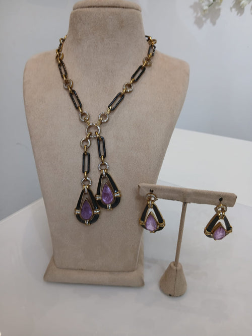 Black & Purple Teardrop Pendant Necklace Set with Matching Earrings