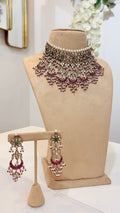 Antique Kundan Choker Necklace Set with Green and Ruby Stone Earrings