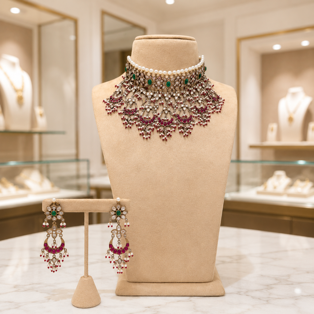 Antique Kundan Choker Necklace Set with Green and Ruby Stone Earrings