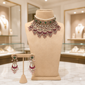 Antique Kundan Choker Necklace Set with Green and Ruby Stone Earrings