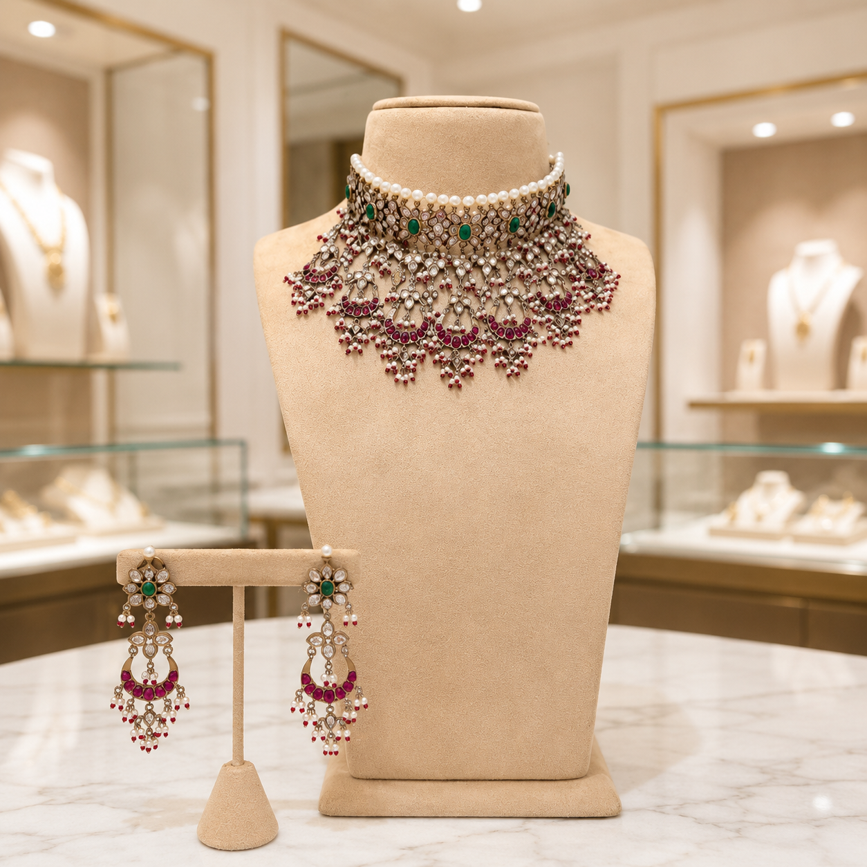 Antique Kundan Choker Necklace Set with Green and Ruby Stone Earrings