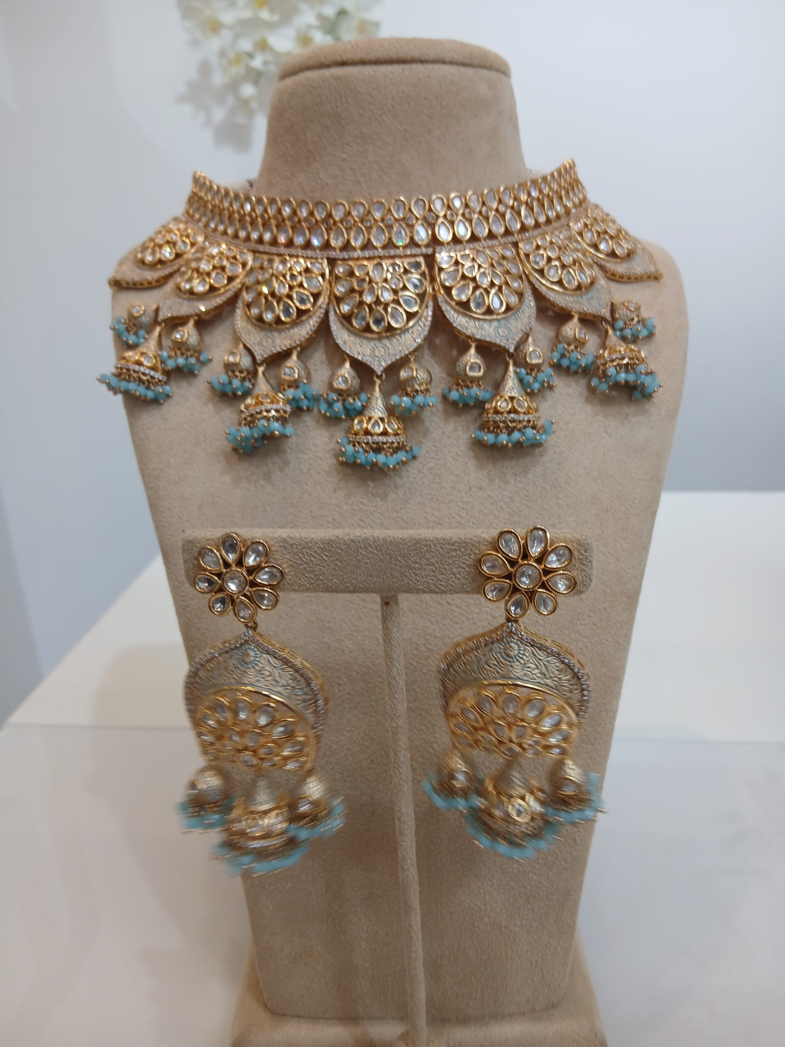 Aqua Blue Jhumka Gold Choker Set with Statement Earrings