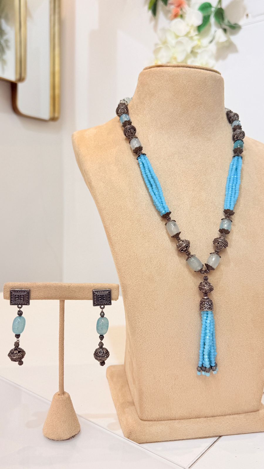 Aqua Blue Oxidised Tassel Necklace Set with Matching Earrings