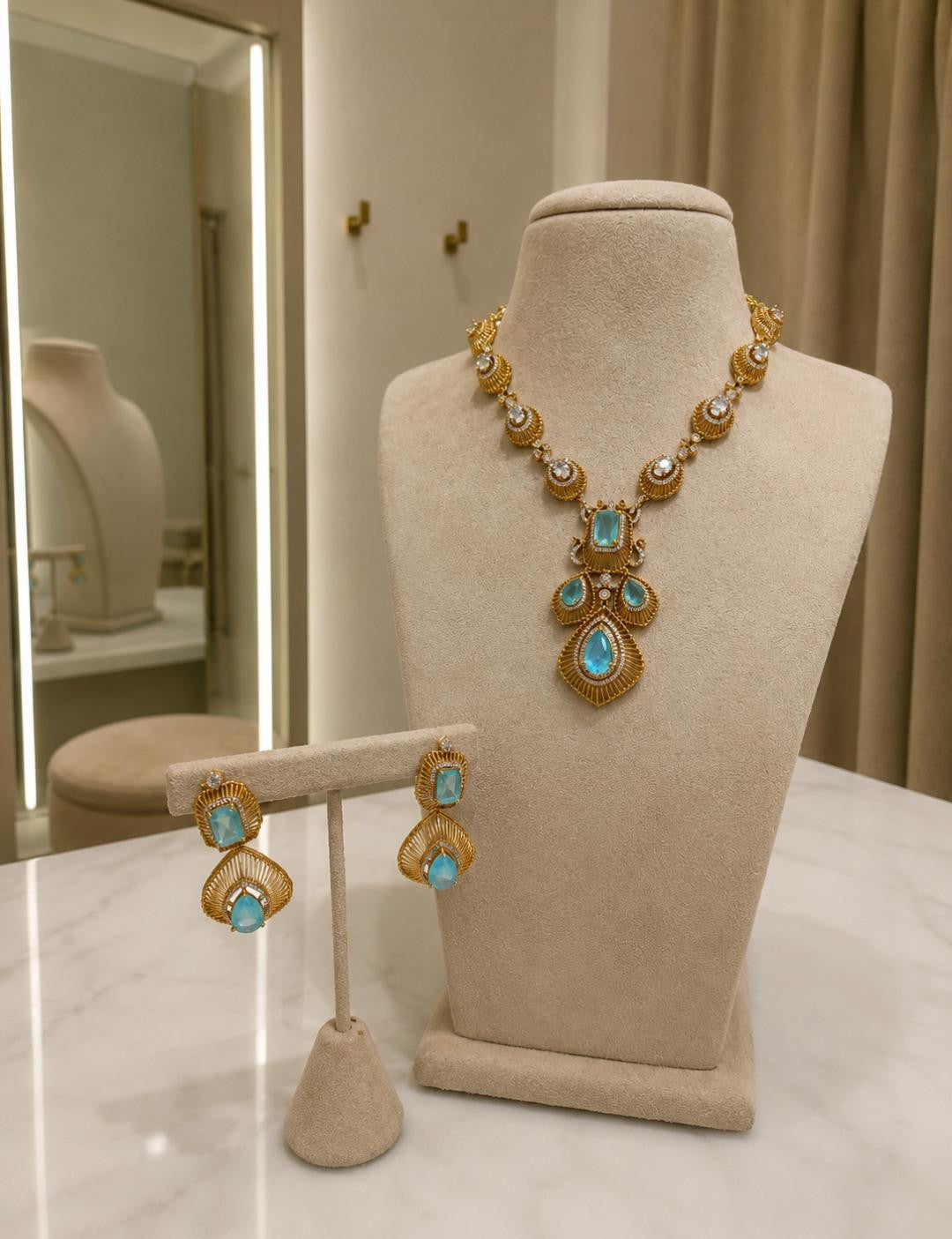 Aqua Blue Stone Gold Plated Necklace Set with Matching Earrings for Women