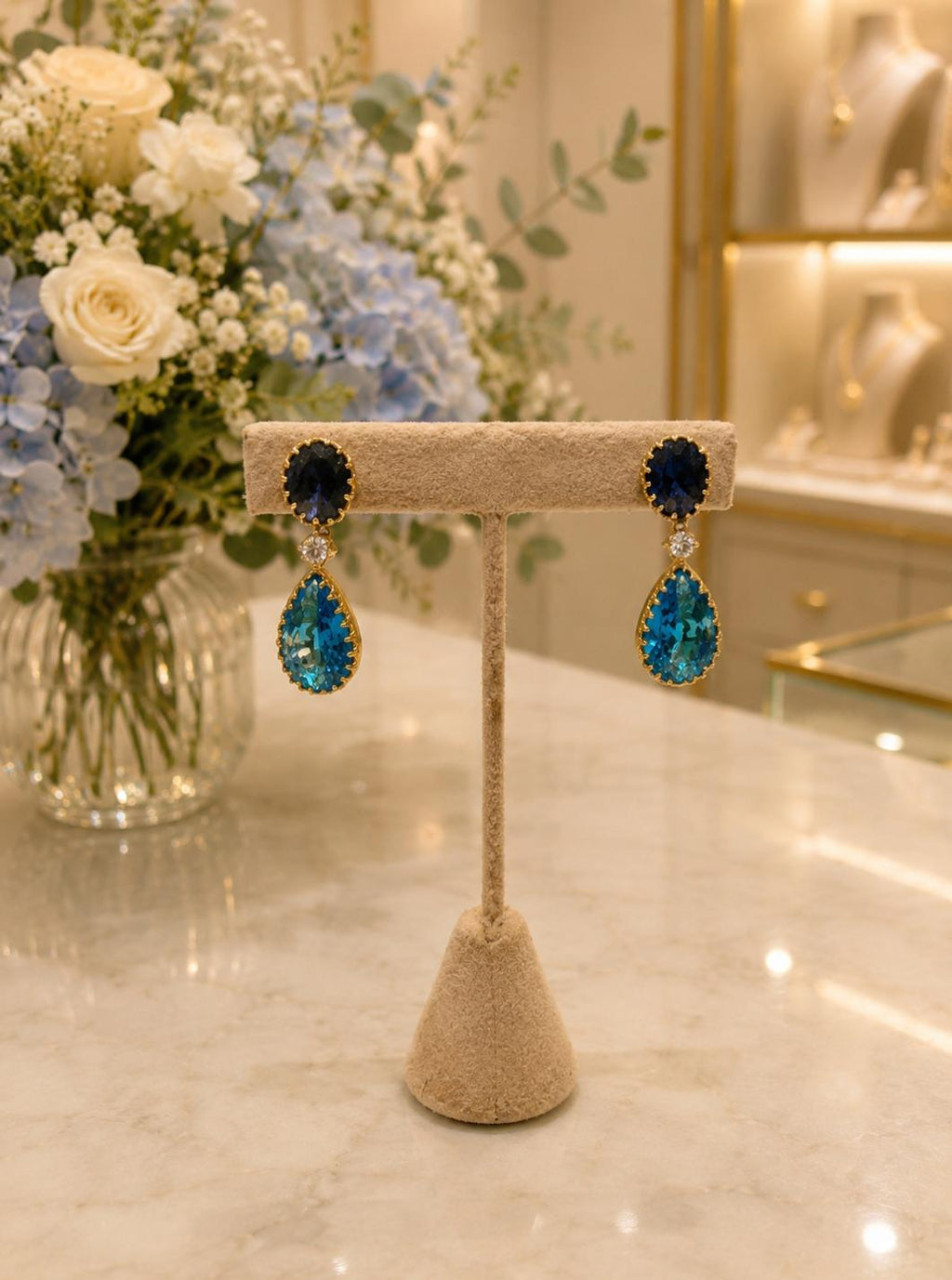 Aqua Blue & Navy Stone Drop Earrings