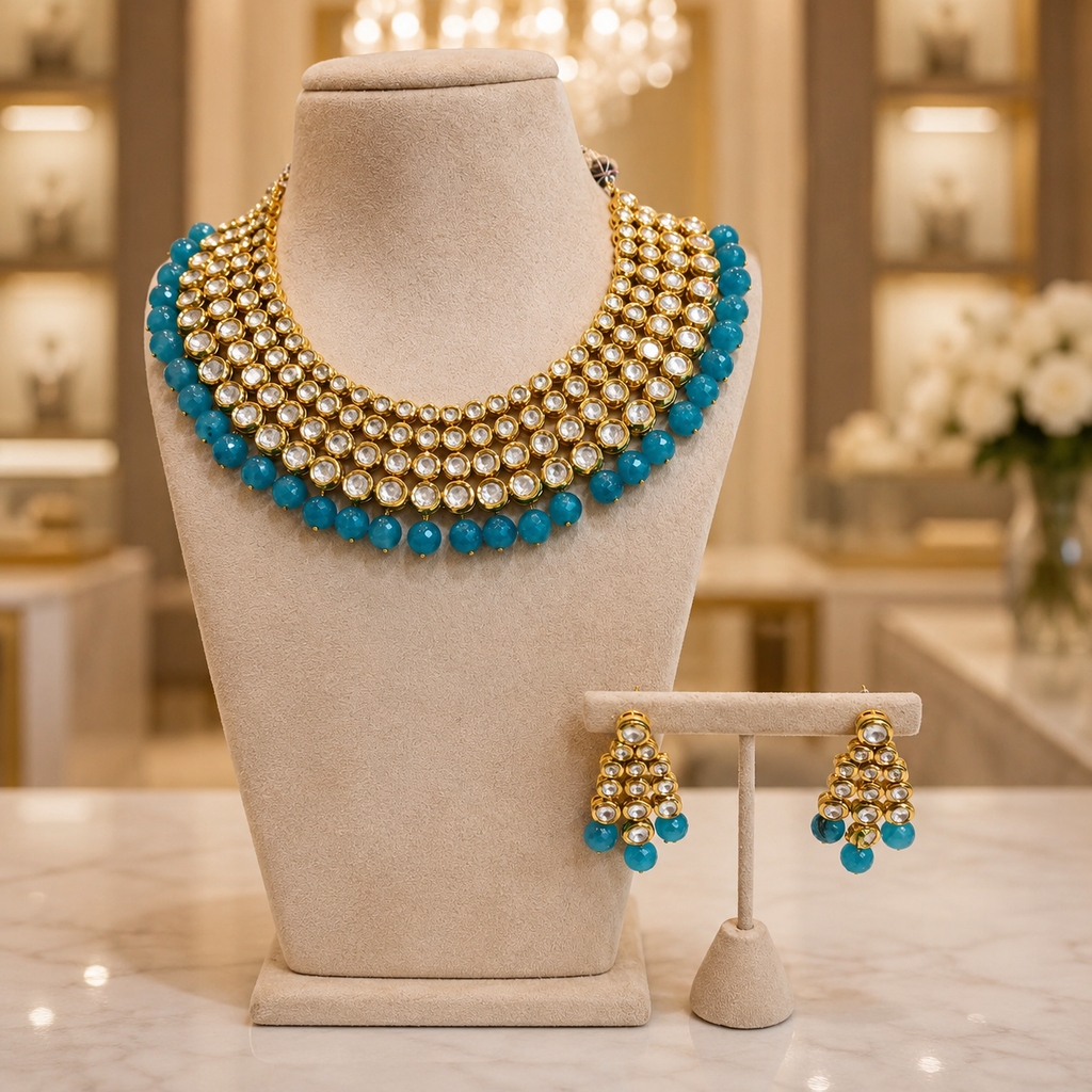 Aqua Bead Polki Collar Necklace Set with Matching Earrings
