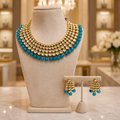 Aqua Bead Polki Collar Necklace Set with Matching Earrings