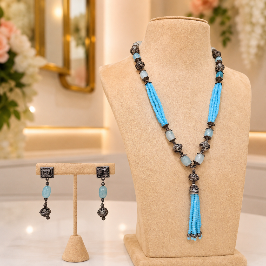 Aqua Blue Oxidised Tassel Necklace Set with Matching Earrings