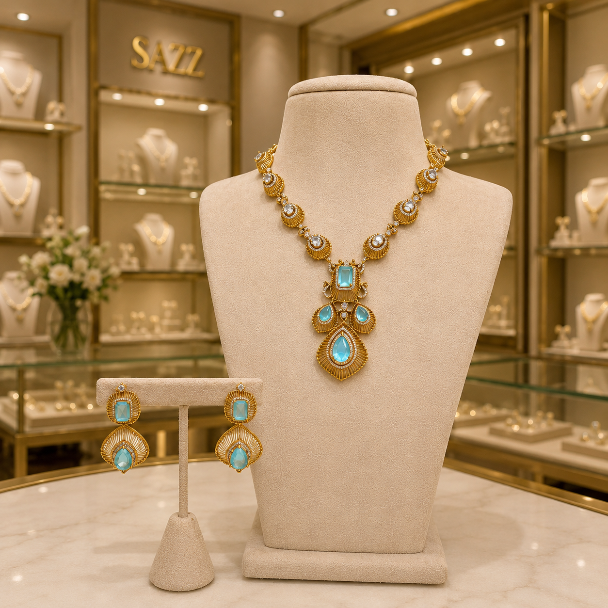 Aqua Blue Stone Gold Plated Necklace Set with Matching Earrings for Women