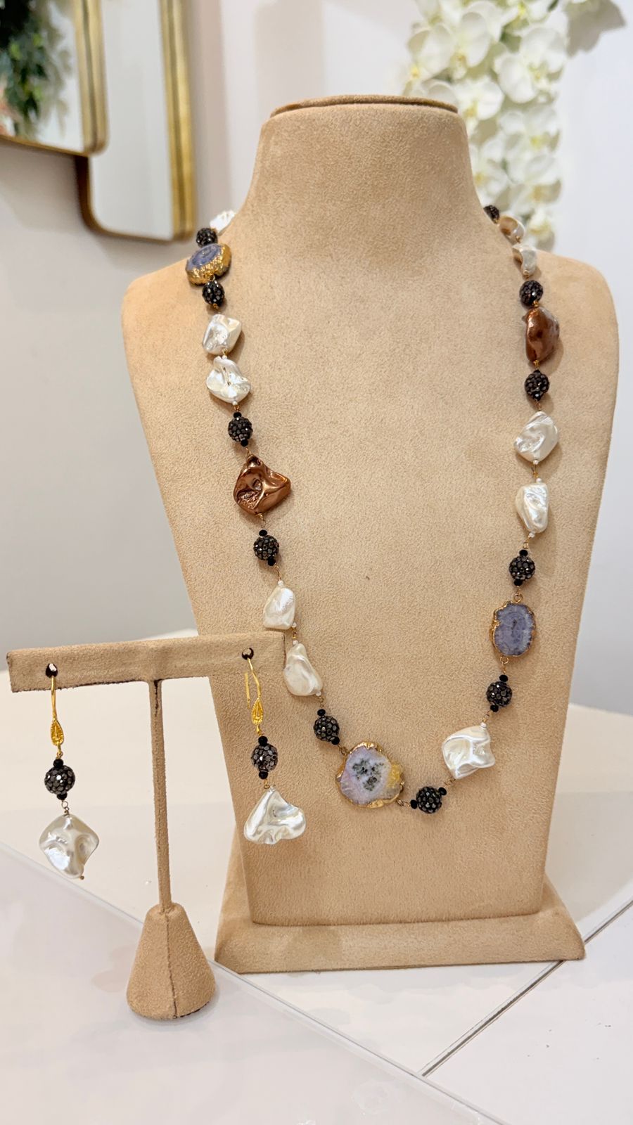 Baroque Pearl Black Bead Necklace Set with Matching Earrings