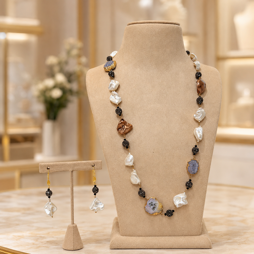 Baroque Pearl Black Bead Necklace Set with Matching Earrings