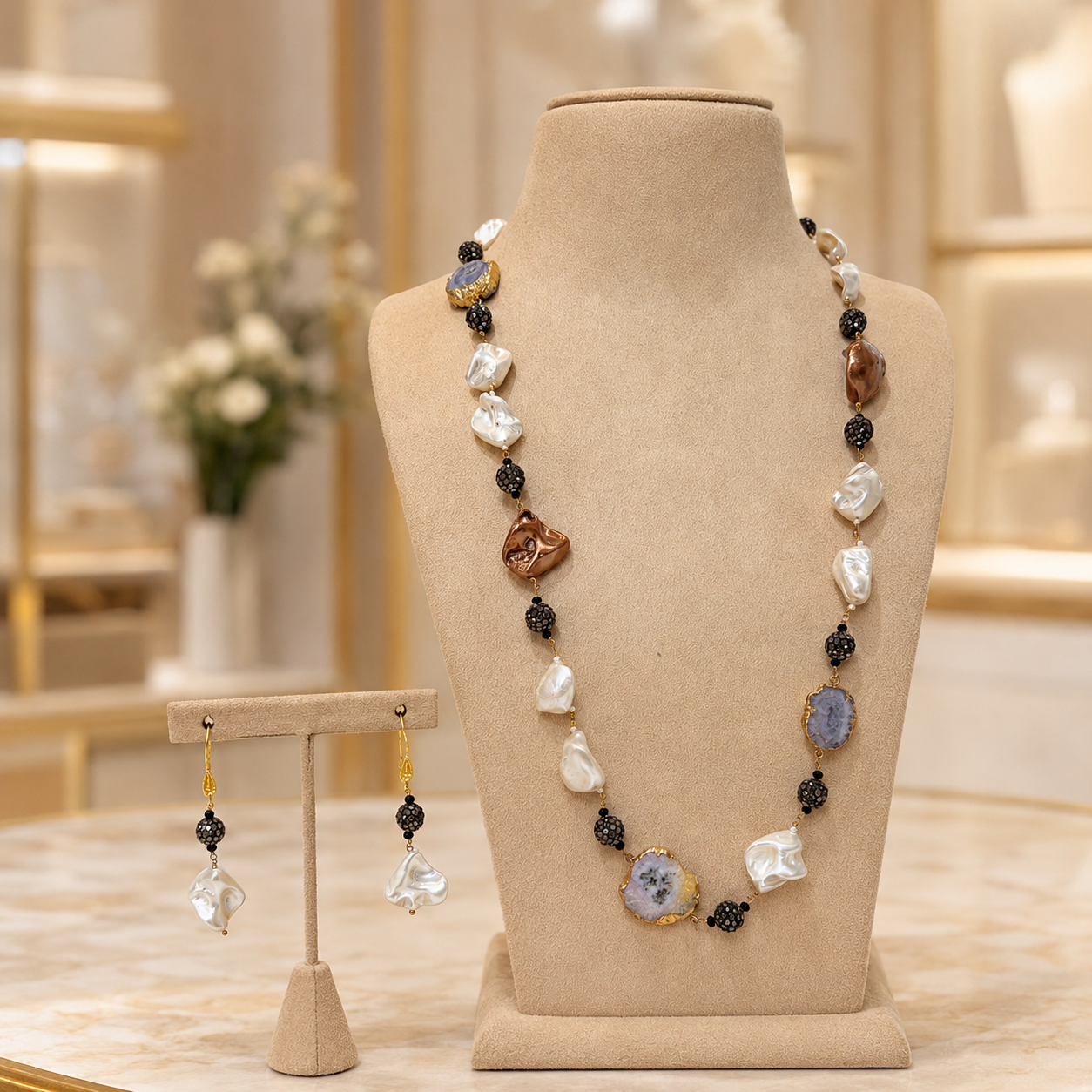 Baroque Pearl Black Bead Necklace Set with Matching Earrings