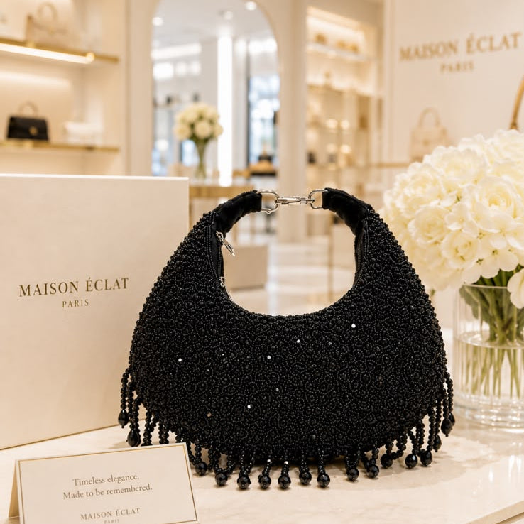 Black Beaded Fringe Shoulder Bag