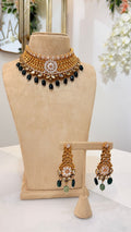 Black Onyx Antique Gold Collar Necklace Set with Floral Drop Earrings
