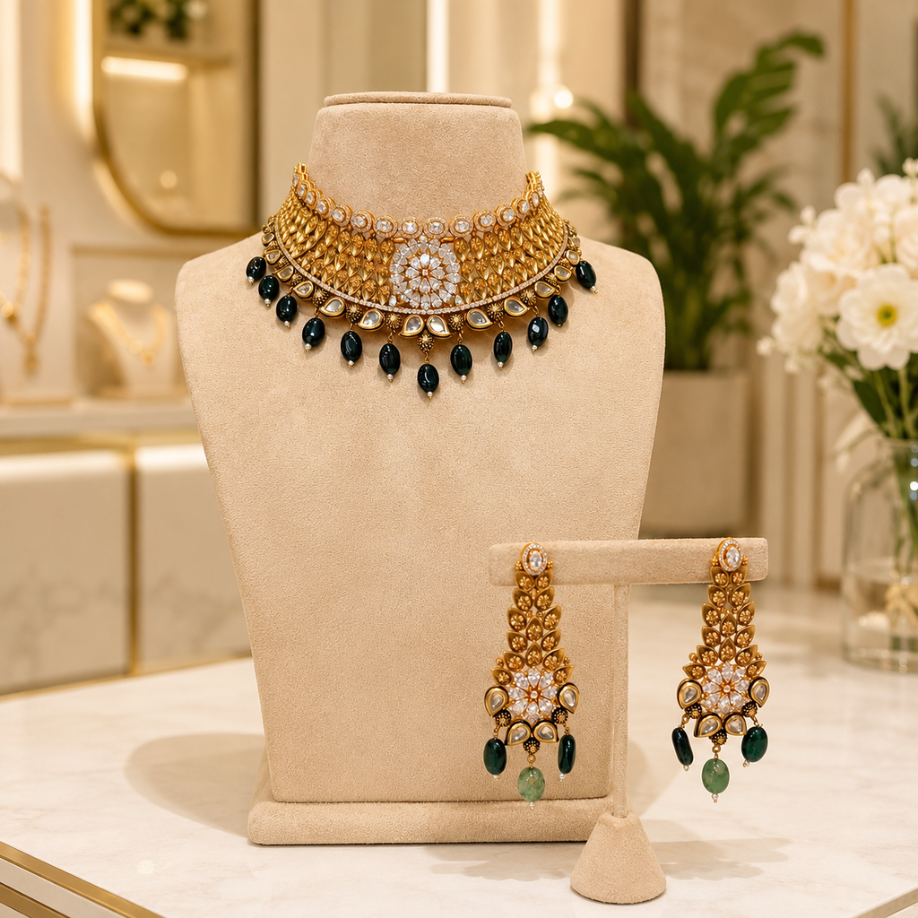 Black Onyx Antique Gold Collar Necklace Set with Floral Drop Earrings