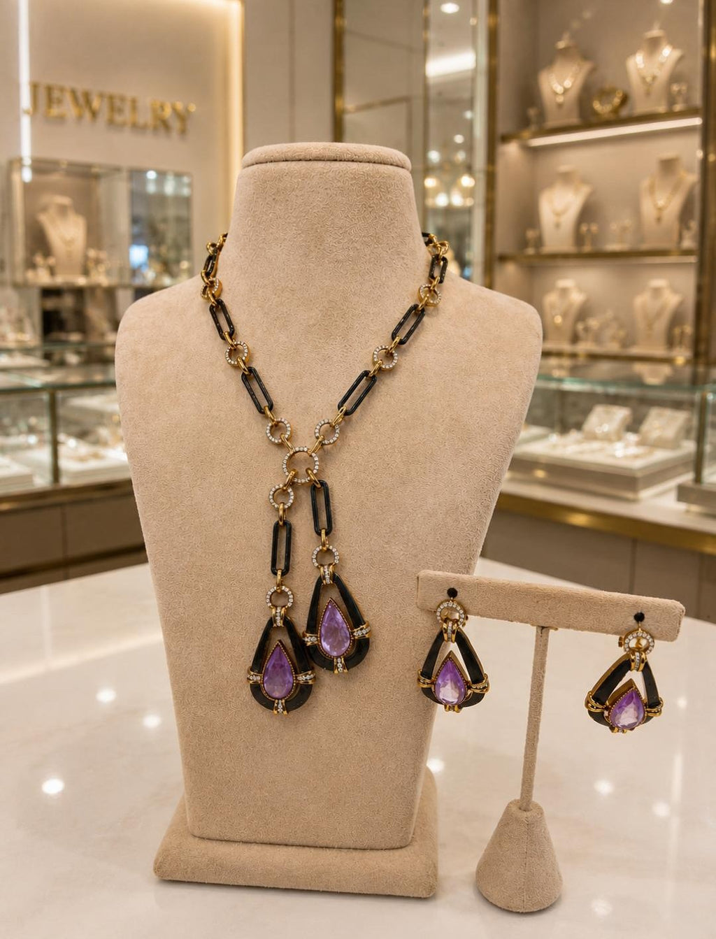 Black & Purple Teardrop Pendant Necklace Set with Matching Earrings