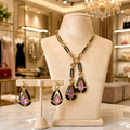 Black and Pink Teardrop Pendant Necklace and Earrings Set