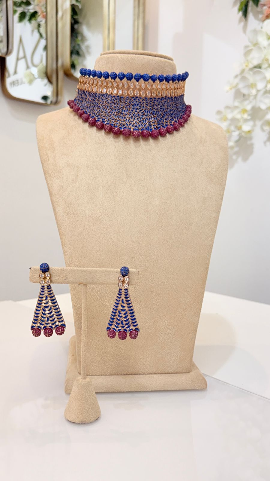 Blue Mesh Choker Set with Pink Bead Detail Earrings