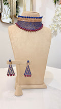 Blue Mesh Choker Set with Pink Bead Detail Earrings
