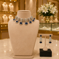 Blue Sapphire Style Silver Choker Necklace and Earrings Set