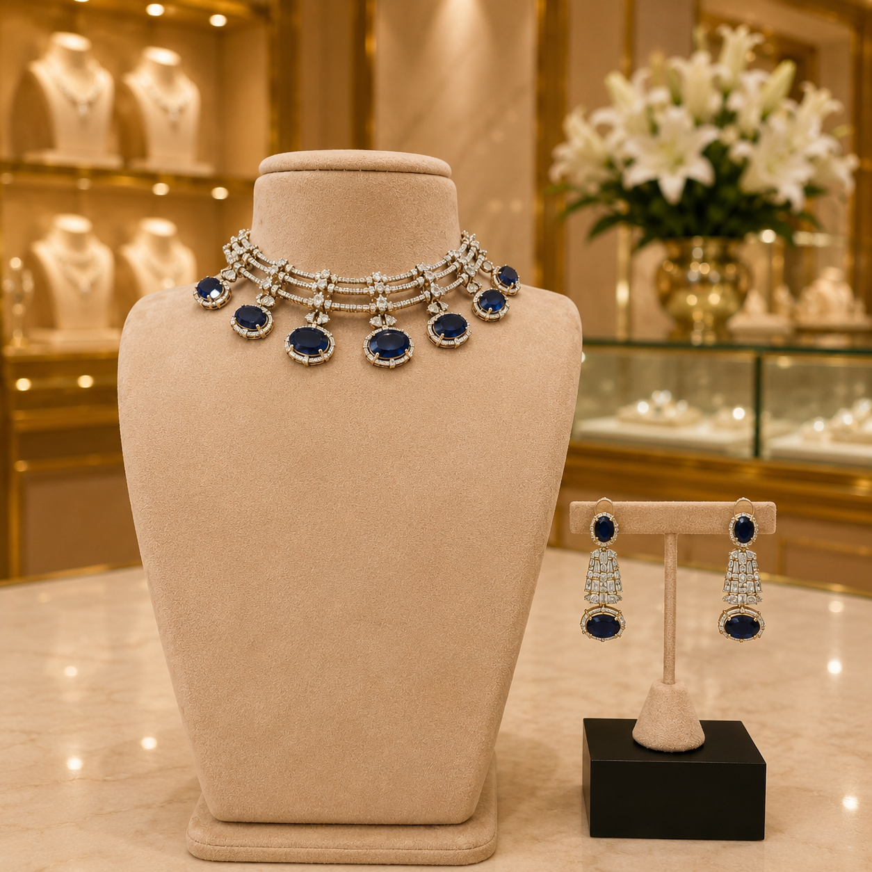 Blue Sapphire Style Silver Choker Necklace and Earrings Set
