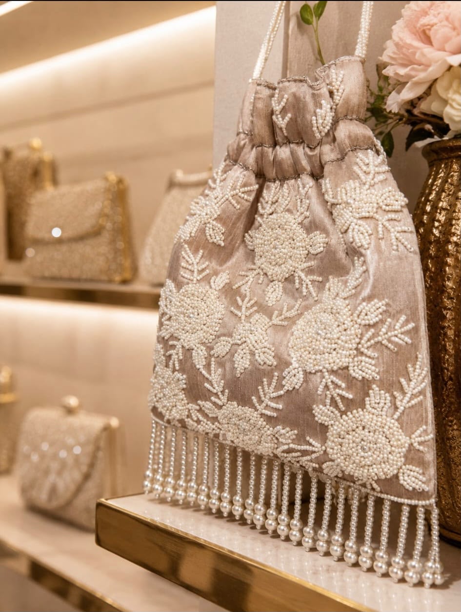 Blush Pink Pearl Beaded Floral Potli Bag