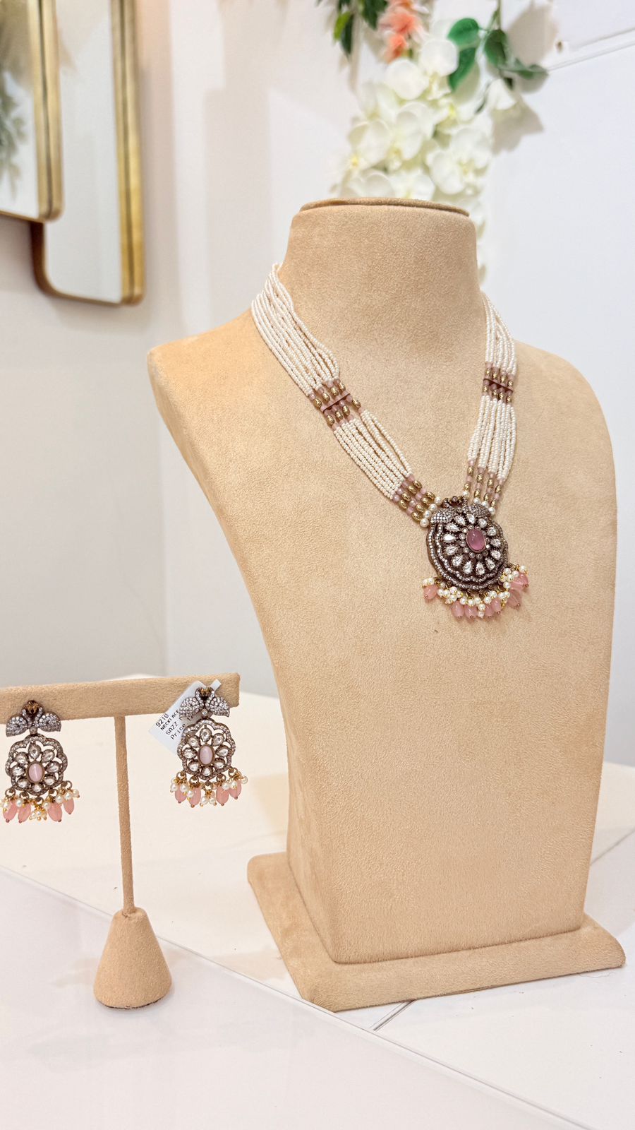 Blush Pink Pearl Beaded Necklace Set with Antique Pendant Earrings