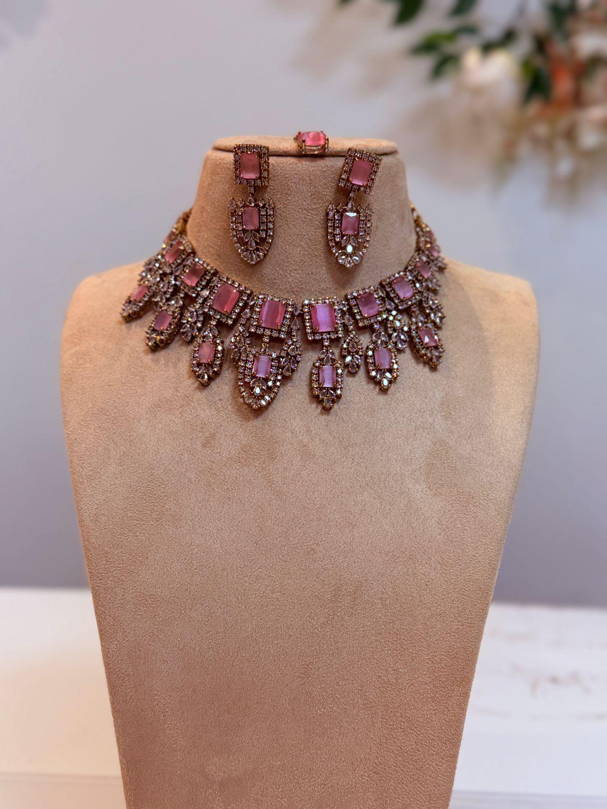 Blush Pink Royal Bridal Necklace & Earring Set with Crystal Detailing