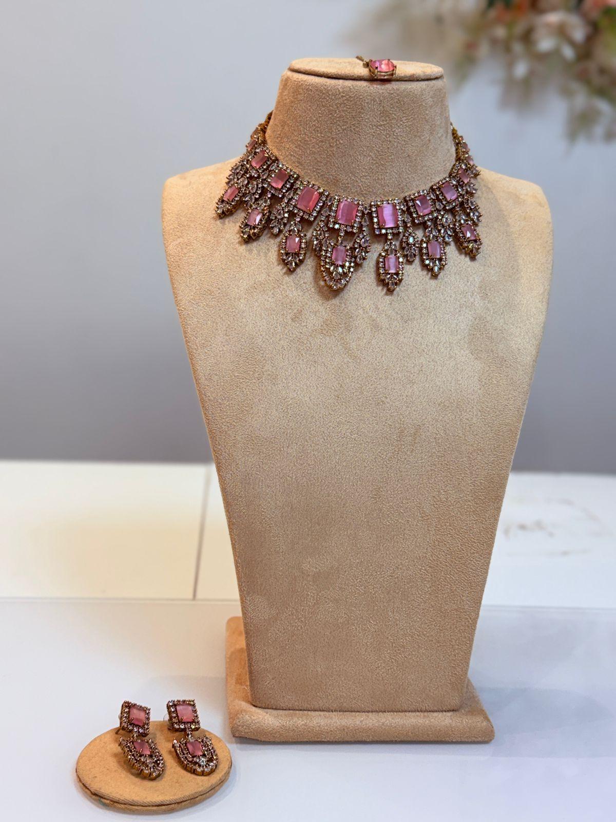 Blush Pink Royal Bridal Necklace & Earring Set with Crystal Detailing
