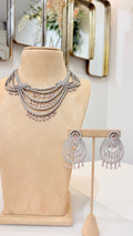 Blush Pink Silver Layered Necklace Set with Matching Chandelier Earrings