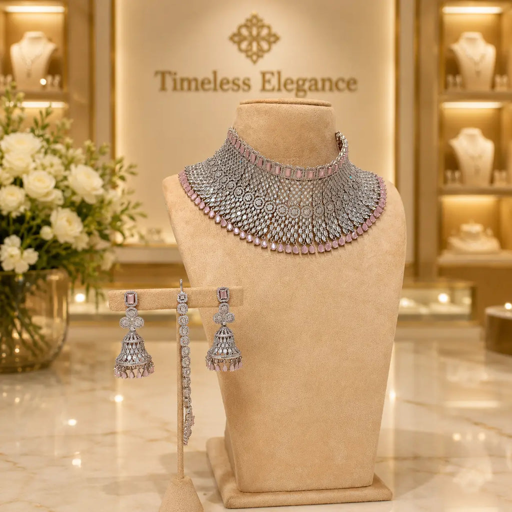 Blush Pink Silver Mesh Choker Set with Jhumka Earrings and Tikka