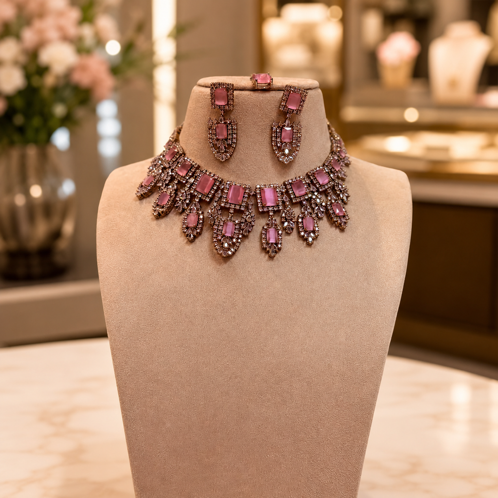 Blush Pink Royal Bridal Necklace & Earring Set with Crystal Detailing