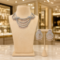 Blush Pink Silver Layered Necklace Set with Matching Chandelier Earrings