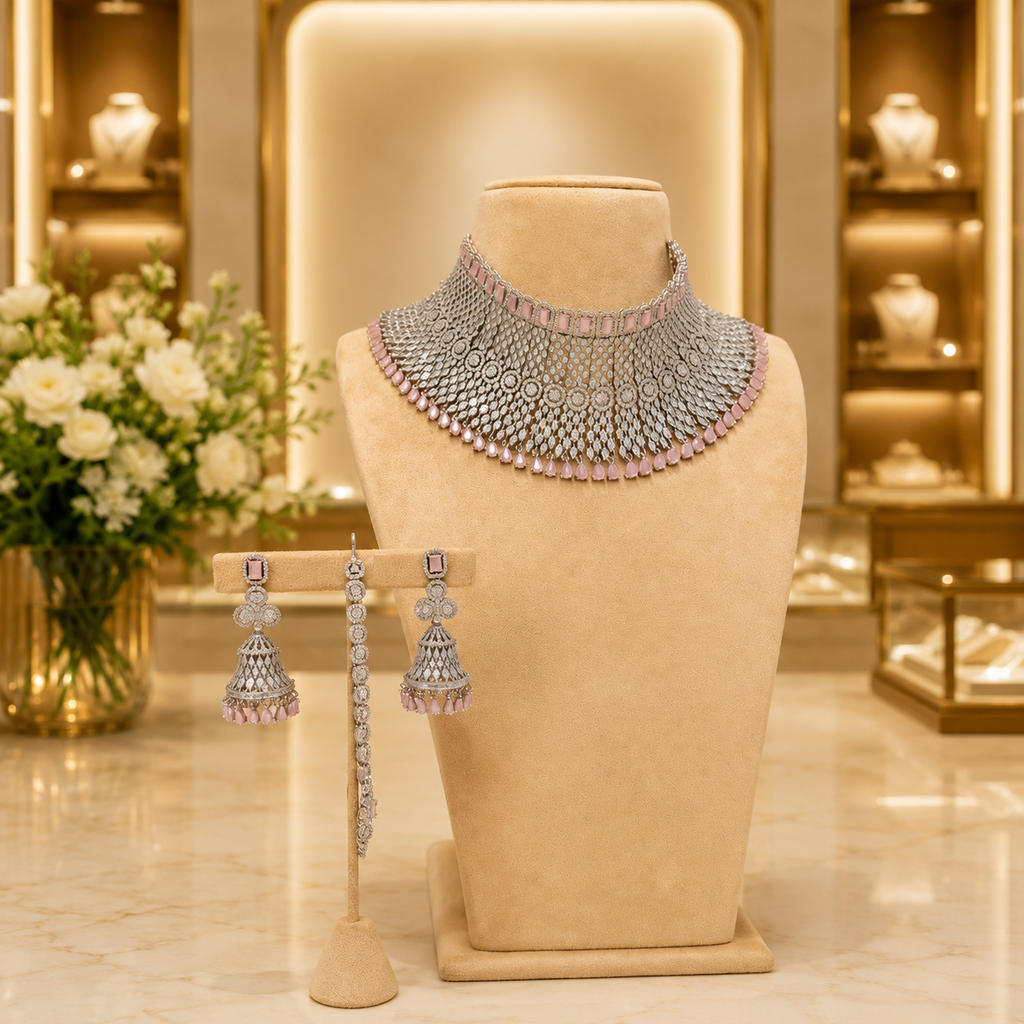Blush Pink Silver Mesh Choker Set with Jhumka Earrings and Tikka