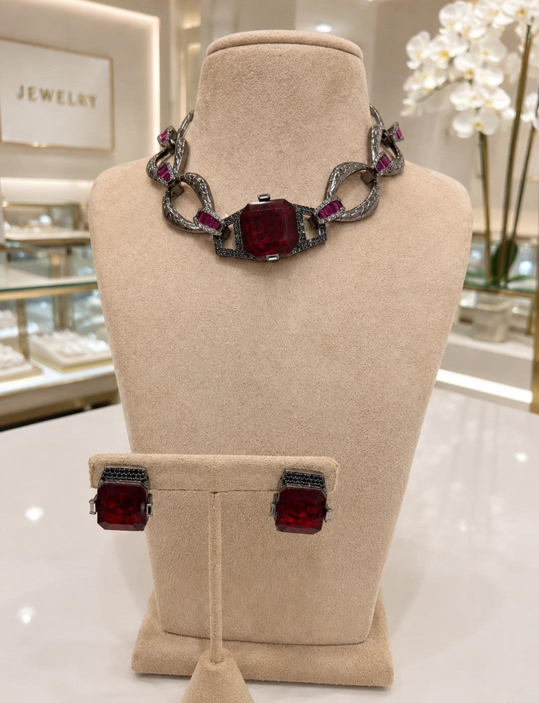 Bold Ruby Crystal Chain Necklace & Earrings Set