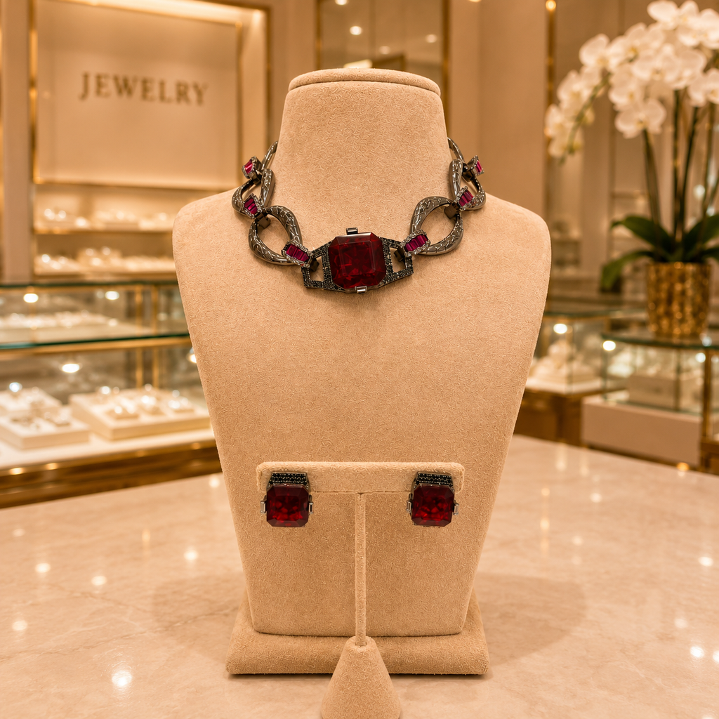 Bold Ruby Crystal Chain Necklace & Earrings Set