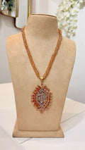 Champagne Beaded Necklace with Gold Teardrop Statement Pendant