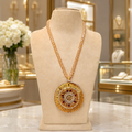 Champagne Beaded Necklace with Gold Round Statement Pendant