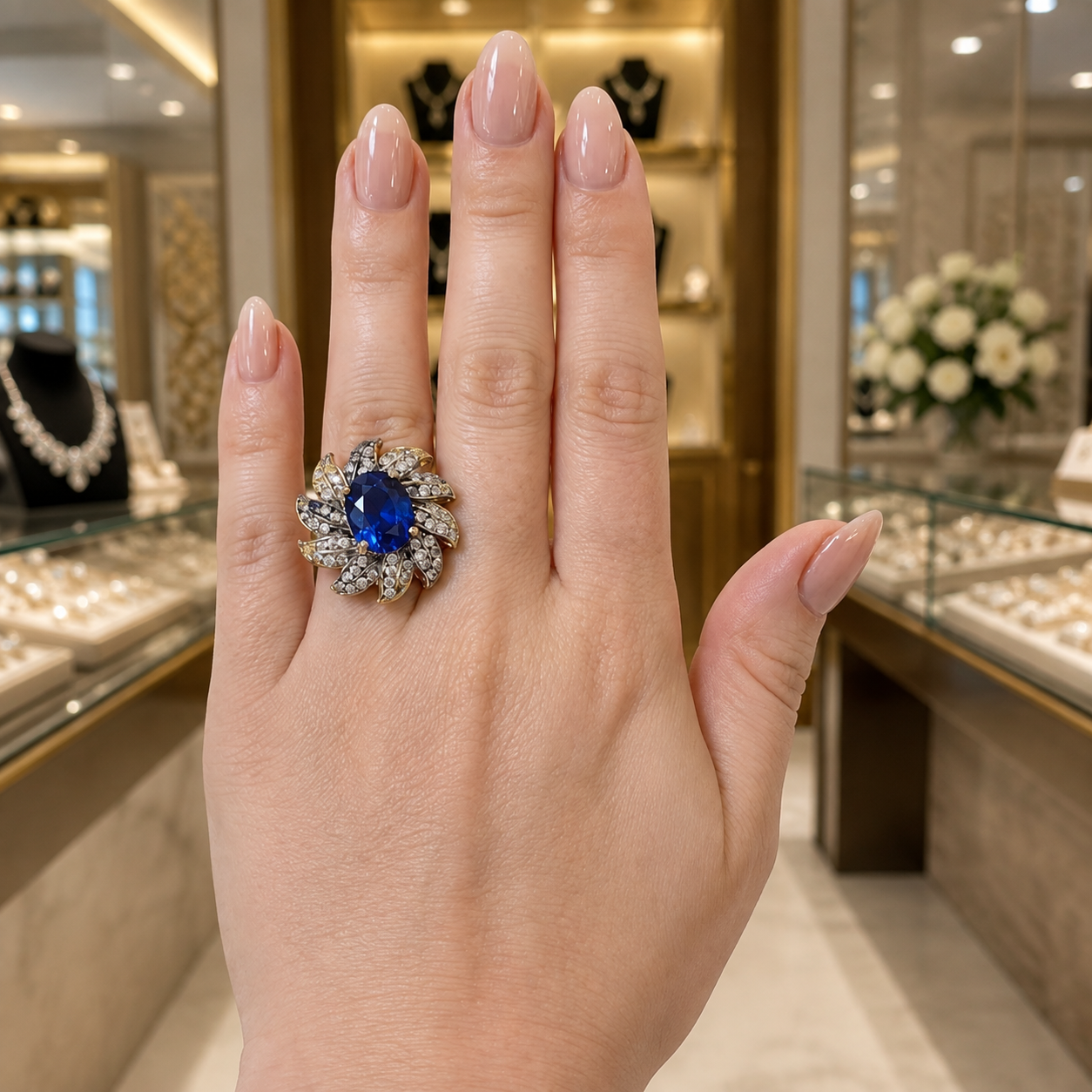 Silver-Tone Blue Floral Ring with Crystal Petal Design