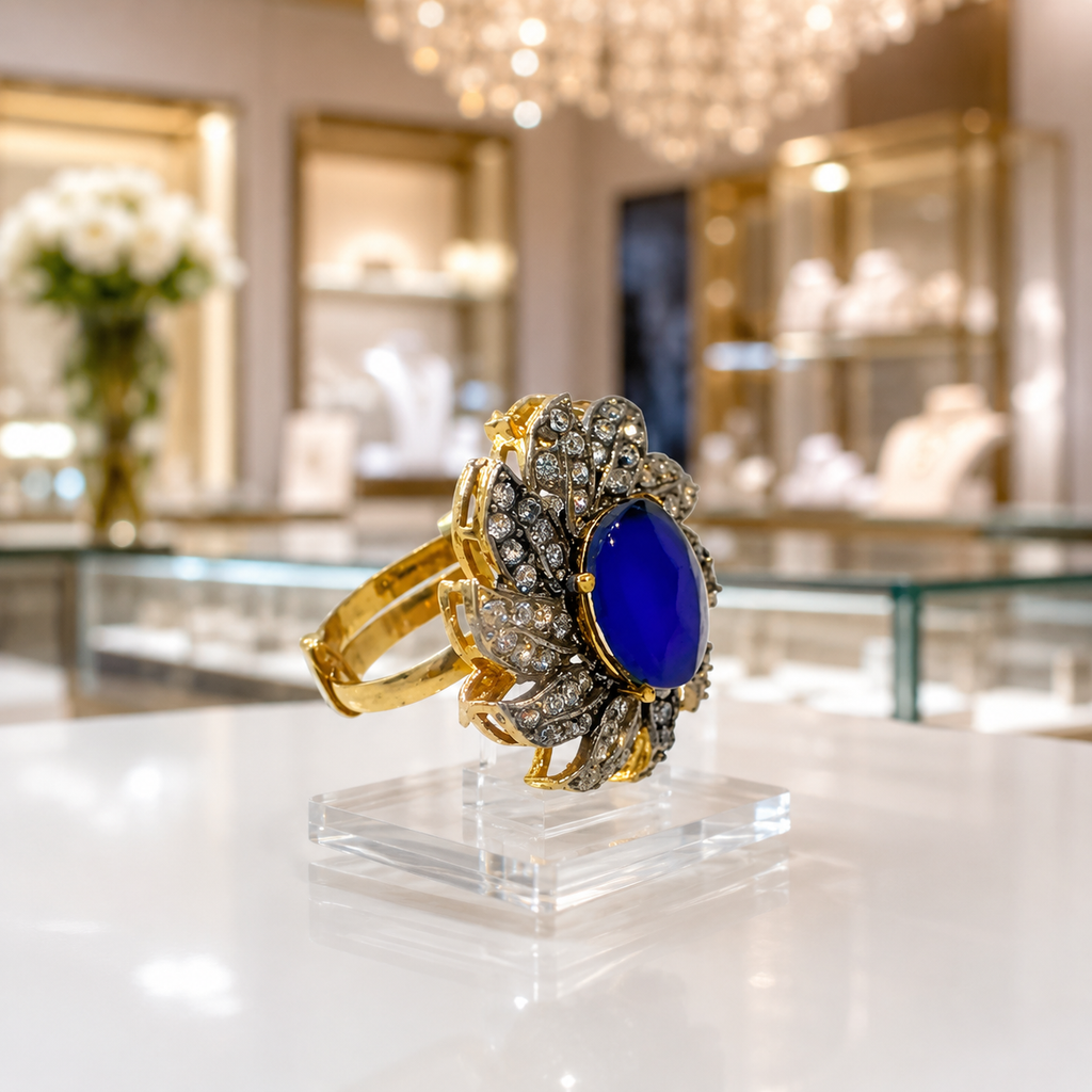 Silver-Tone Blue Floral Ring with Crystal Petal Design