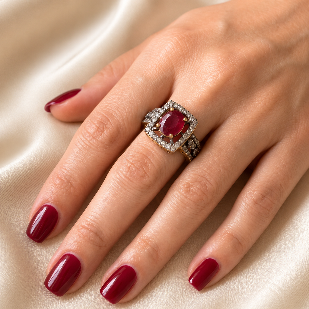 Gold-Tone Ruby Red Oval Ring with Crystal Halo