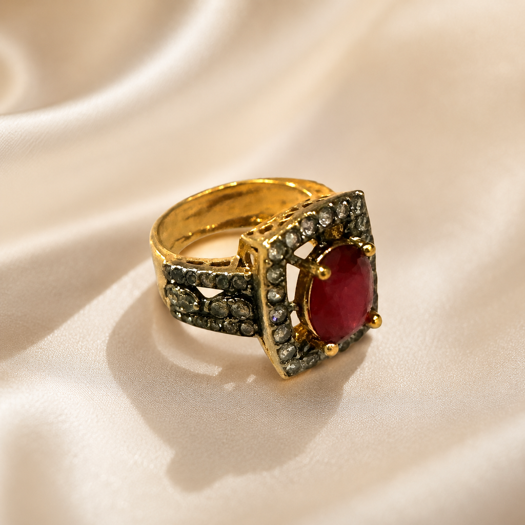 Gold-Tone Ruby Red Oval Ring with Crystal Halo
