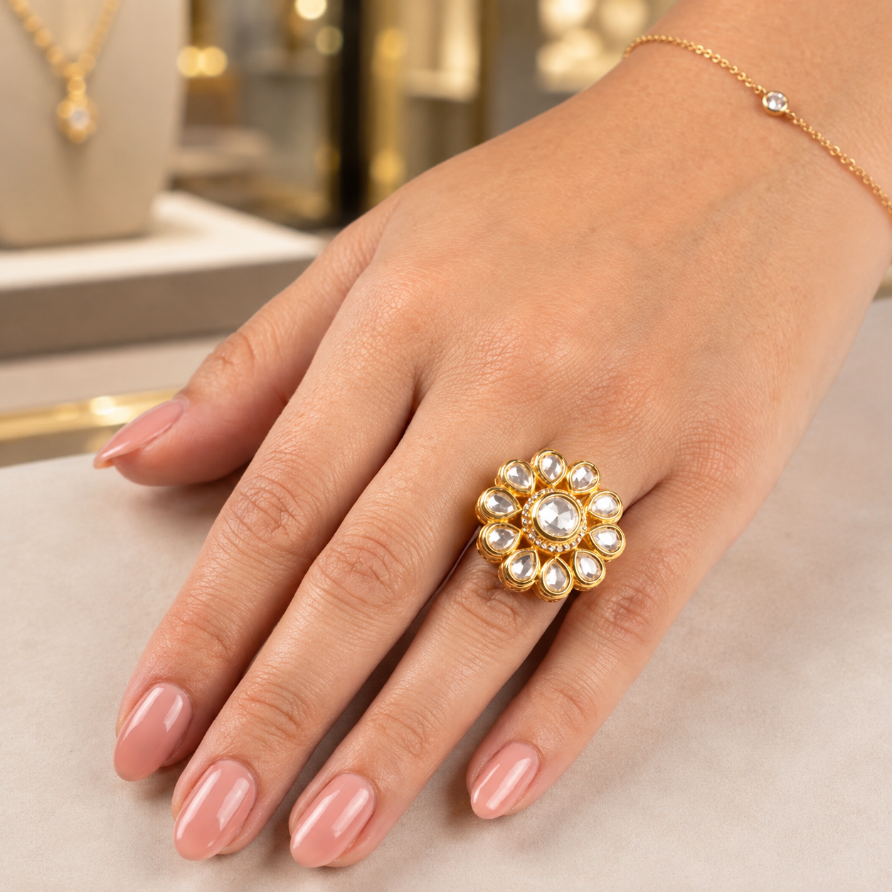 Gold-Tone Clear Stone Floral Ring