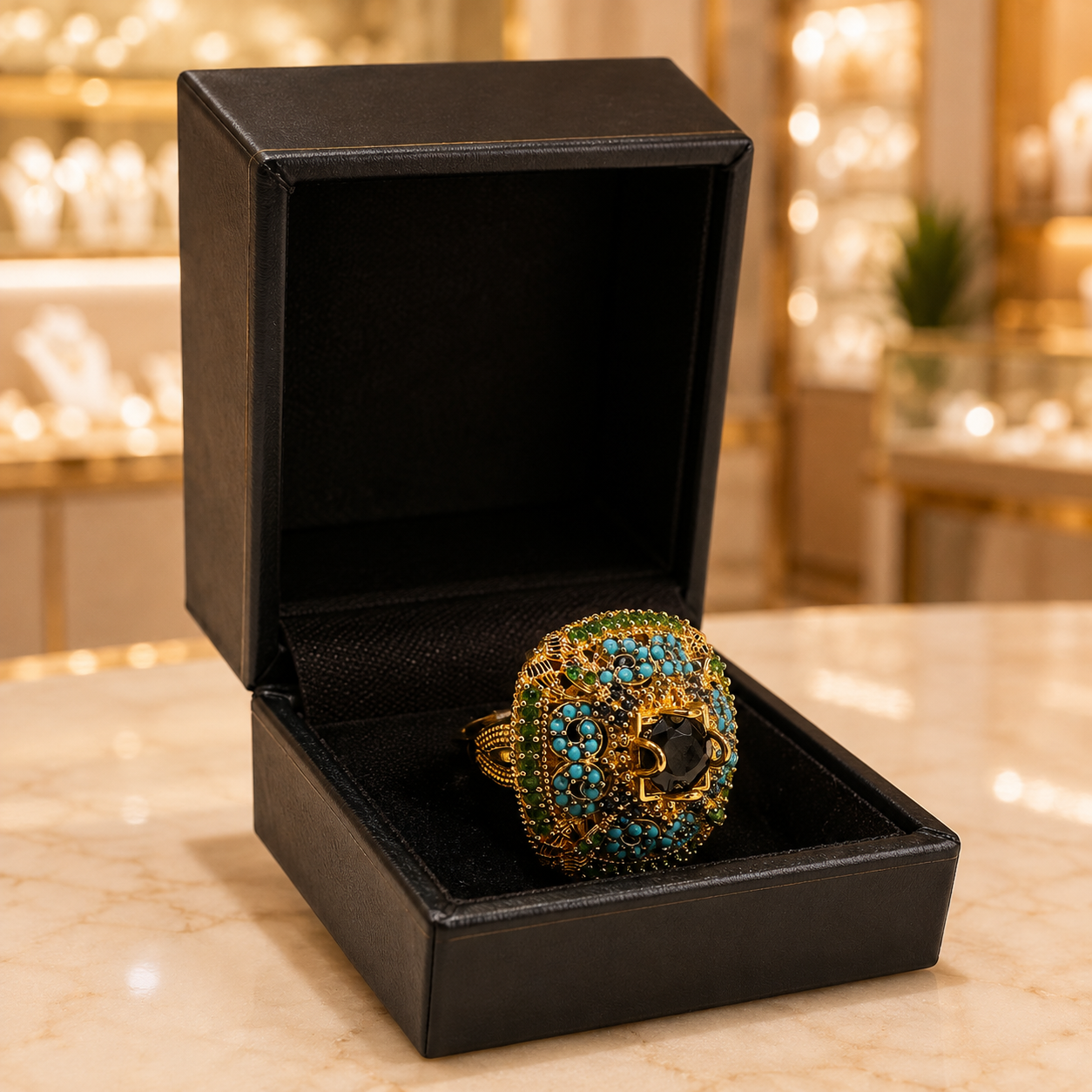 Gold-Tone Black & Blue Stone Ring
