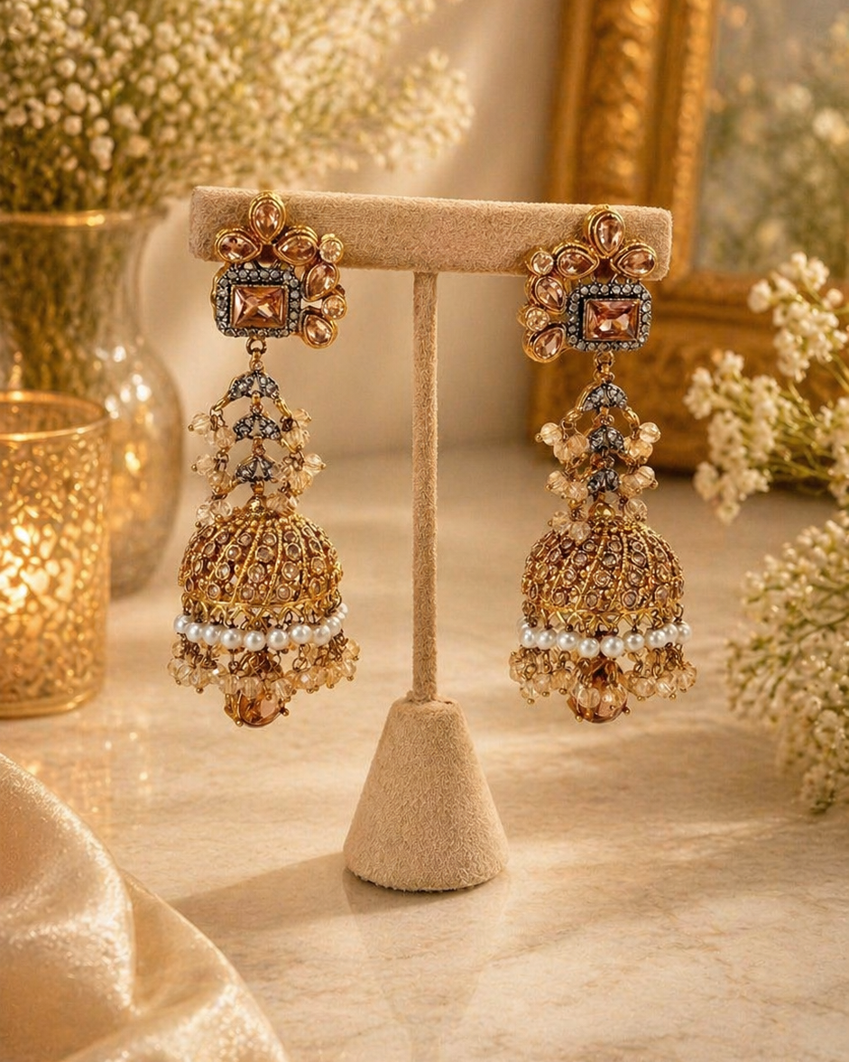 Golden Crystal Jhumka Earrings