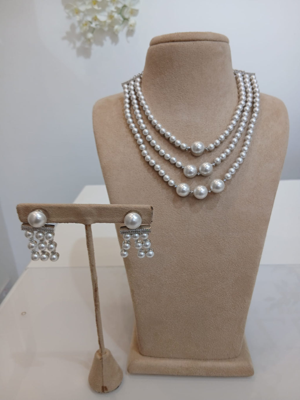 Classic Multi-Layer Pearl Necklace Set with Matching Earrings