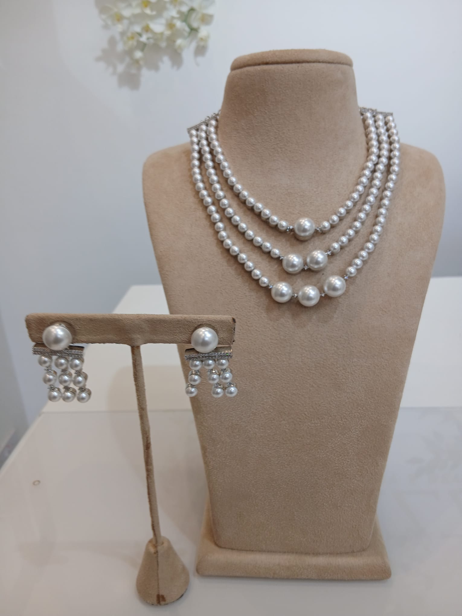Classic Multi-Layer Pearl Necklace Set with Matching Earrings