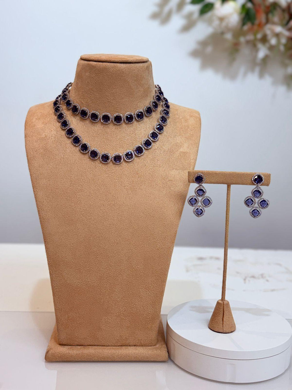 Classic Sapphire Blue Layered Necklace & Earrings Set – Timeless Evening Jewelry
