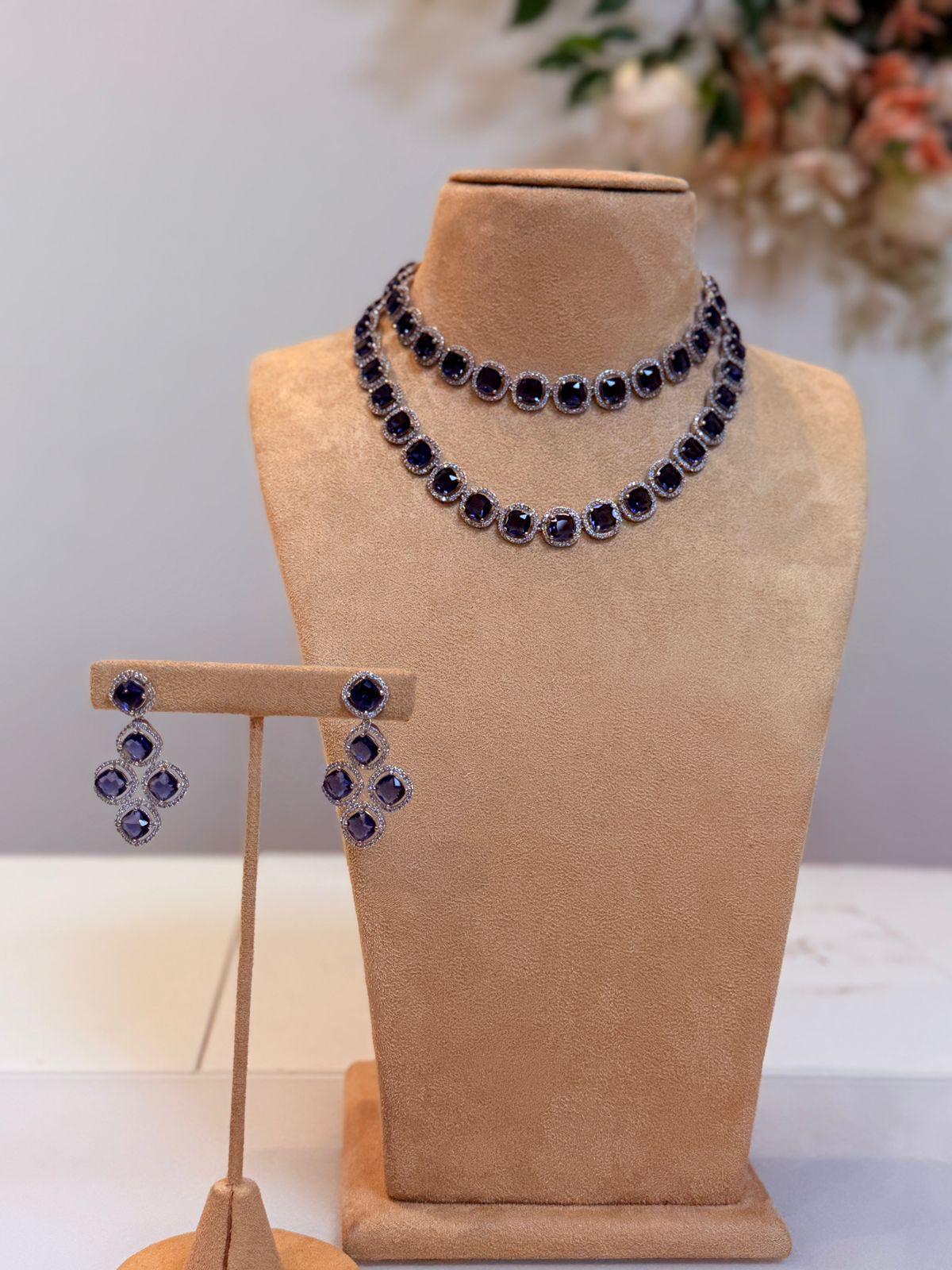 Classic Sapphire Blue Layered Necklace & Earrings Set – Timeless Evening Jewelry